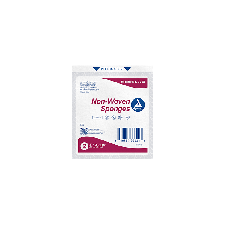 Dynarex Non-Woven Sponge - Sterile 2's, 2" x 2" 4 Ply - 50ea/bx, 30bxs/cs (1500 Count)
