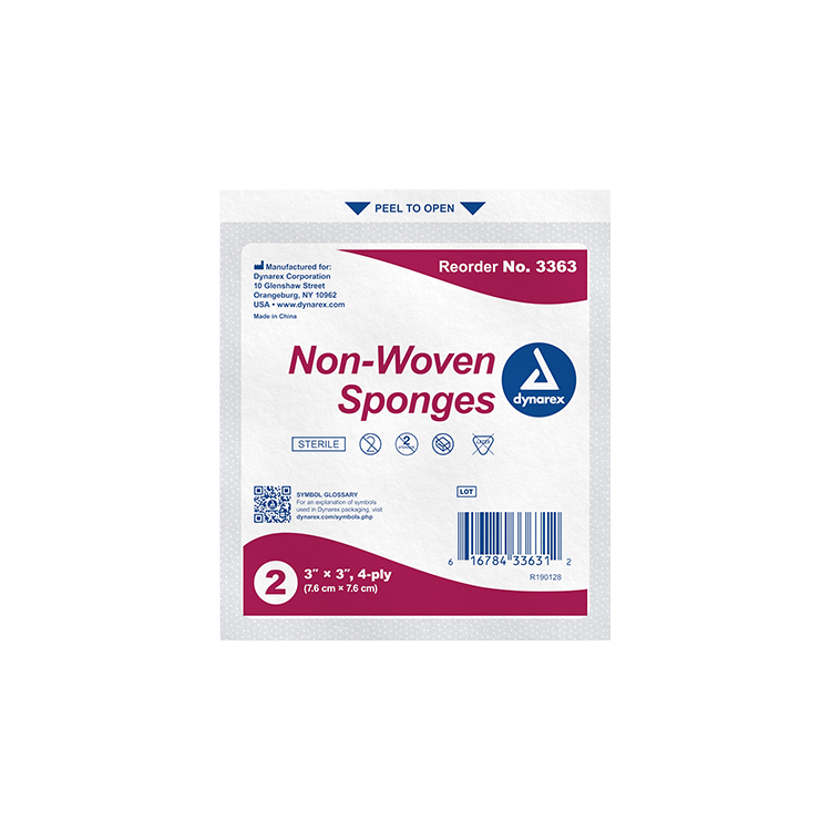 Dynarex Non-Woven Sponge - Sterile 2's, 3" x 3" 4 Ply - 50ea/bx, 24bxs/cs (1200 Count)