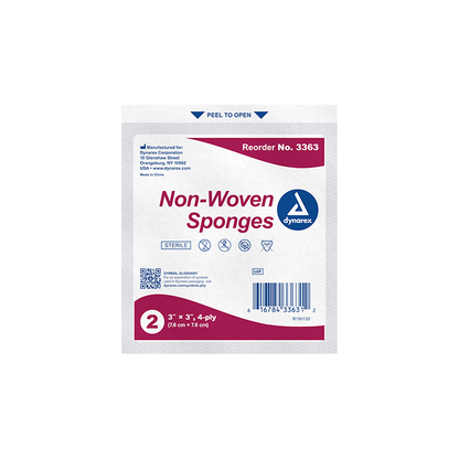 Dynarex Non-Woven Sponge - Sterile 2's, 3" x 3" 4 Ply - 50ea/bx, 24bxs/cs (1200 Count)