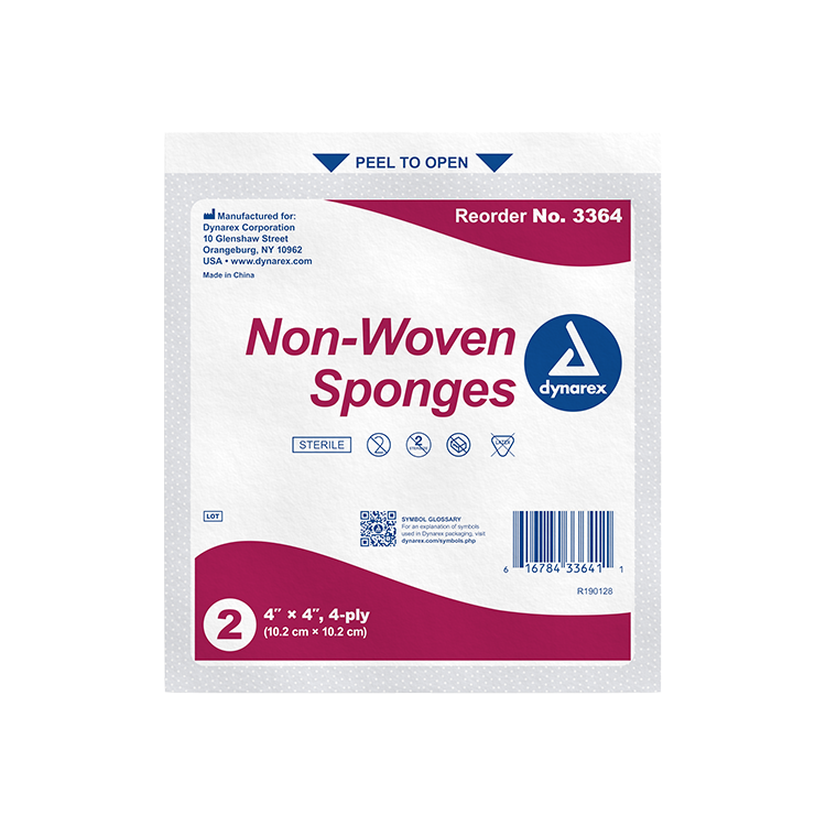 Dynarex Non-Woven Sponge - Sterile 2's, 4" x 4" 4 Ply, 25ea/bx, 24bxs/cs (600 Count)