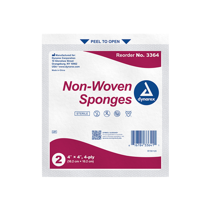 Dynarex Non-Woven Sponge - Sterile 2's, 4" x 4" 4 Ply, 25ea/bx, 24bxs/cs (600 Count)
