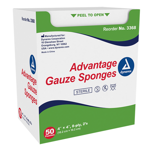 Dynarex Gauze Sponge - Sterile 2's, 4" x 4" 8 Ply, 50ea/bx, 12bxs/cs (600 Count)
