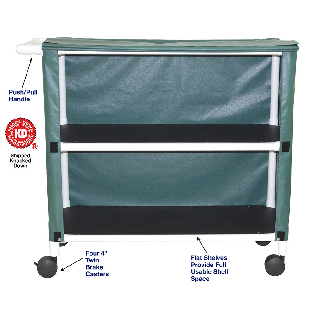 MJM International 345-2C 2-shelf linen cart with mesh or solid cover, 4" casters, shelf size: 20" x 45", 125 lbs per shelf