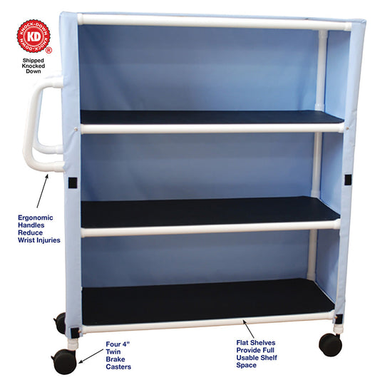 MJM International 345-3C 3-shelf linen cart with mesh or solid cover, 4" casters, shelf size: 20" x 45", 125 lbs per shelf