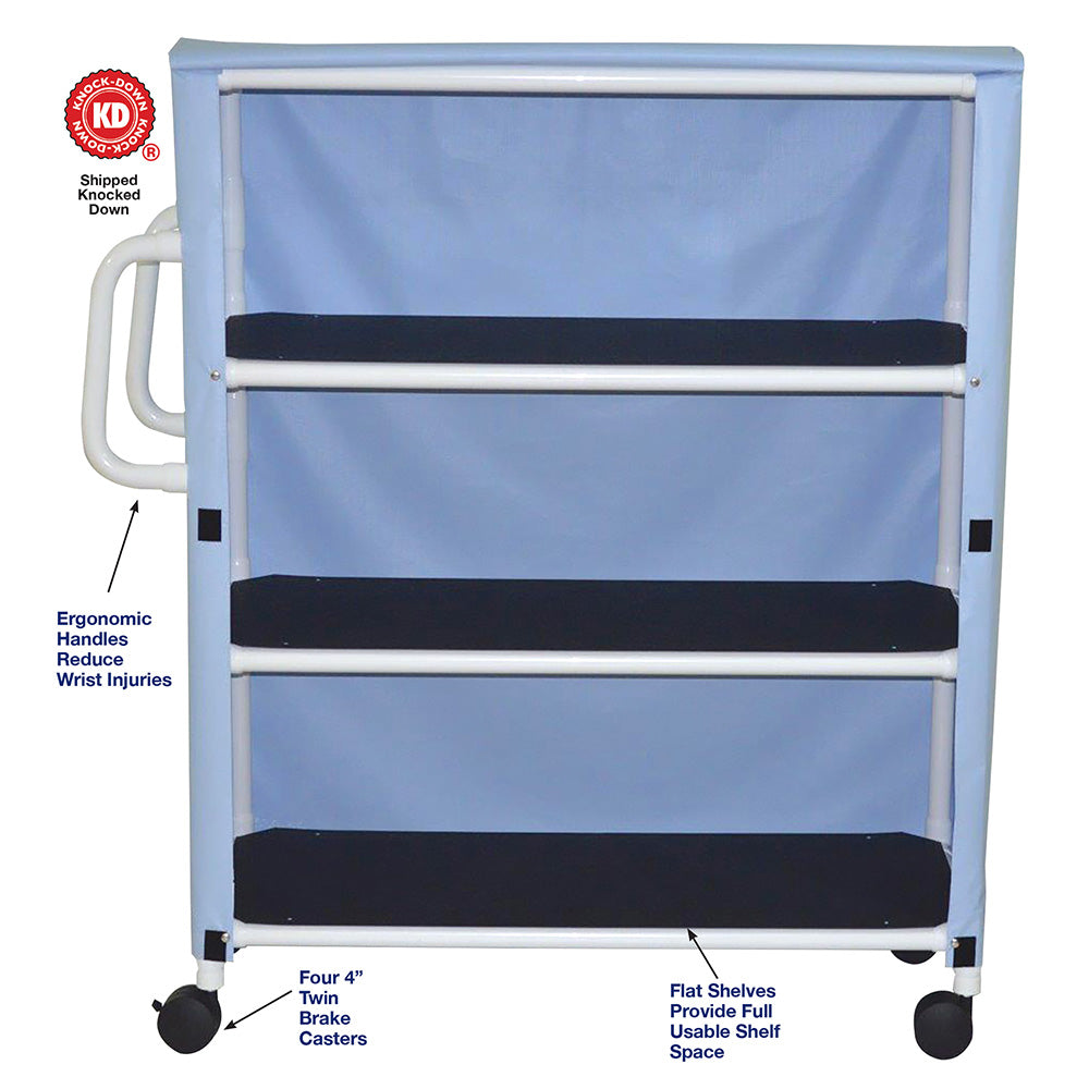 MJM International 350-3C 3-shelf jumbo linen cart with mesh or solid vinyl cover, 4" twin casters, shelf size: 20" x 50", 150 lbs per shelf