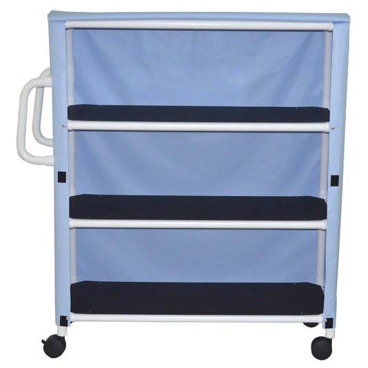 MJM International 350-3C 3-shelf jumbo linen cart with mesh or solid vinyl cover, 4" twin casters, shelf size: 20" x 50", 150 lbs per shelf