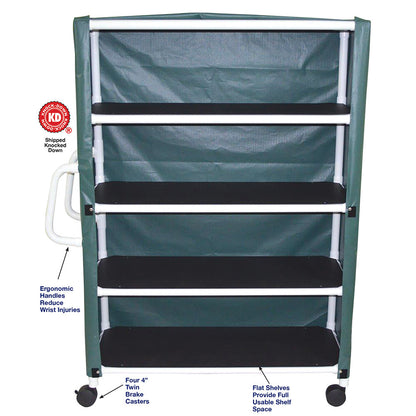 MJM International 350-4C 4-shelf jumbo linen cart with mesh or solid vinyl cover, 5" casters, shelf size: 20" x 50", 150 lbs per shelf