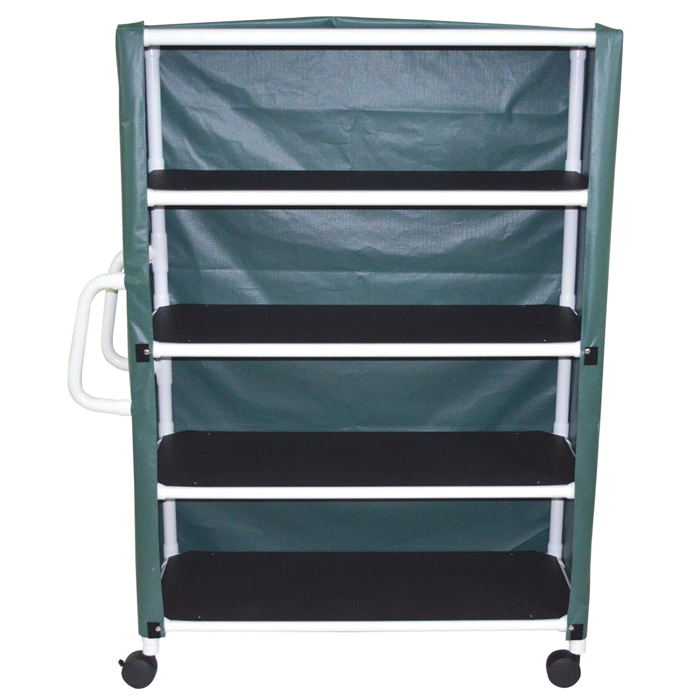 MJM International 350-4C 4-shelf jumbo linen cart with mesh or solid vinyl cover, 5" casters, shelf size: 20" x 50", 150 lbs per shelf