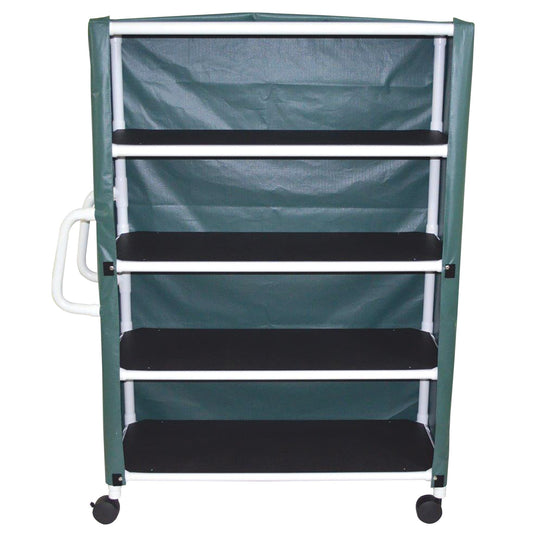 MJM International 350-4C 4-shelf jumbo linen cart with mesh or solid vinyl cover, 5" casters, shelf size: 20" x 50", 150 lbs per shelf