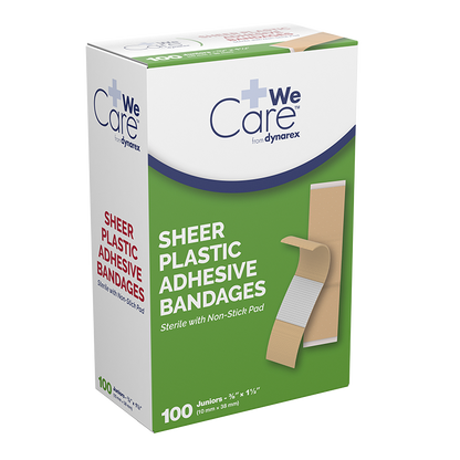 Dynarex Sheer Plastic Adhesive Bandages - Sterile, 3/8" x 1.5" - 100ea/bx, 36bxs/cs (3600)