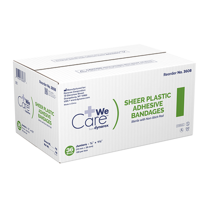 Dynarex Sheer Plastic Adhesive Bandages - Sterile, 3/8" x 1.5" - 100ea/bx, 36bxs/cs (3600)