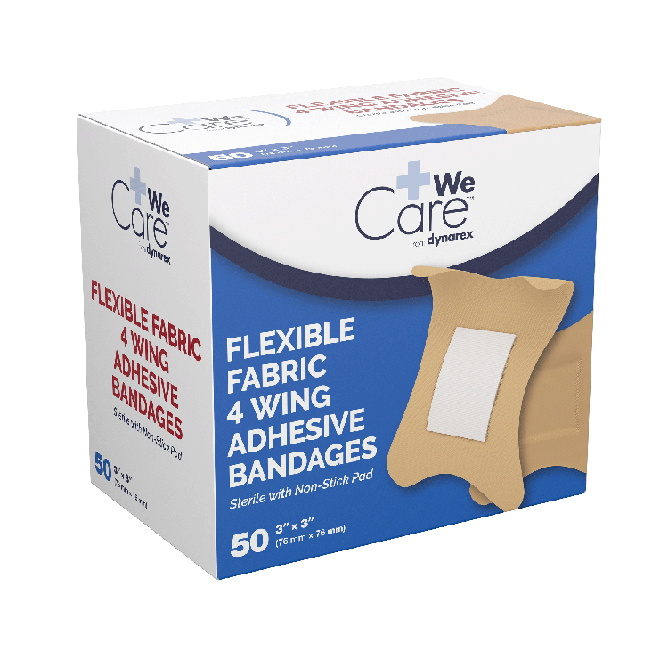 Dynarex Adhesive Fabric Bandages Four Wing  Sterile, 3" x 3" - 24ea/bx, 50bxs/cs (1200 Count)