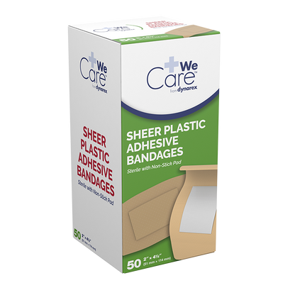 Dynarex Sheer Plastic Adhesive Bandages - Sterile, 2" x 4 1/2" - 50ea/bx, 24bxs/cs (1200 Count)