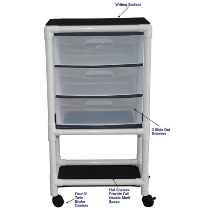MJM International 3U3D Universal cart with 3 slide out drawers; drawer size: 19.125" W x 14" D x 6.5" H