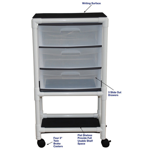 MJM International 3U3D Universal cart with 3 slide out drawers; drawer size: 19.125" W x 14" D x 6.5" H
