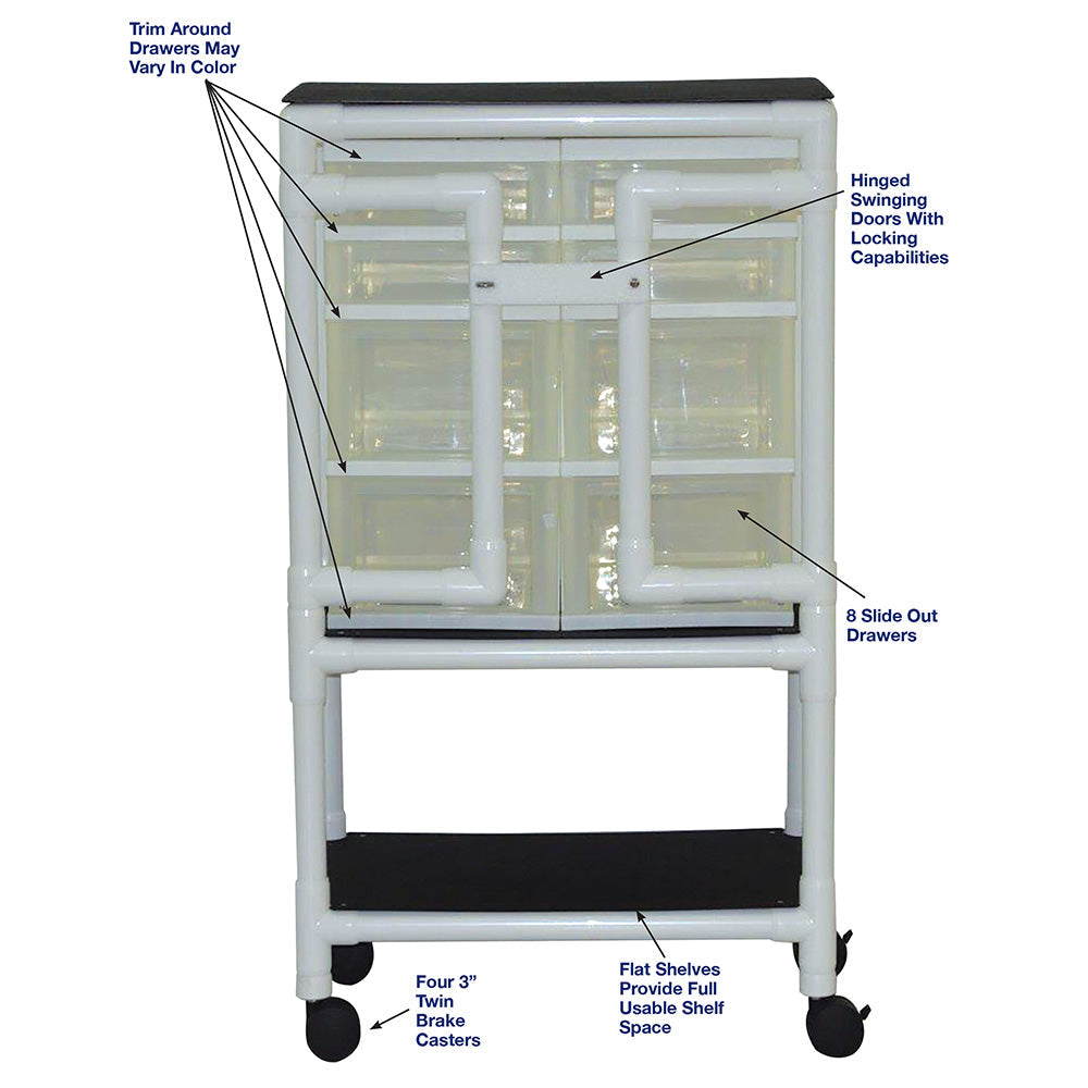 MJM International 3U8D Universal cart with 8 slide out drawers; drawer size: top (4)-12" W x 14" D x 3" H, bottom (4)-12" W x 14" D x 7" H