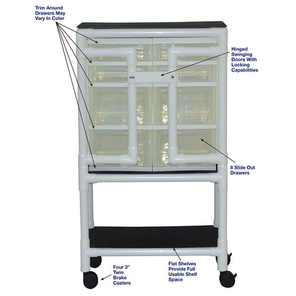 MJM International 3U8D Universal cart with 8 slide out drawers; drawer size: top (4)-12" W x 14" D x 3" H, bottom (4)-12" W x 14" D x 7" H