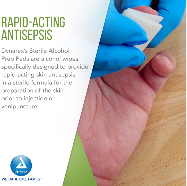 Dynarex Alcohol Prep Pad - Sterile, Medium, 200/bx, 10bxs/case (2000 Count)