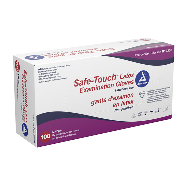 Dynarex Safe-Touch Latex Exam Gloves, 3 Mil Thick, Powder-Free - 100/bx, 10bxs/cs (1000 Count)