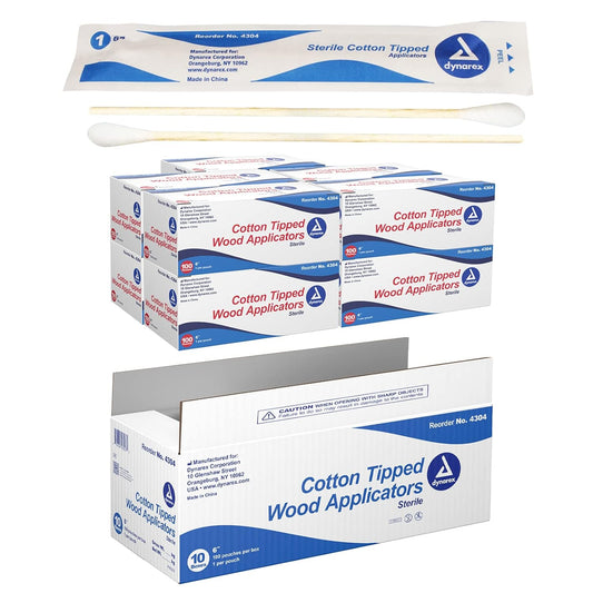 Dynarex Cotton Tipped Wood Applicators - Sterile 6" Length, 100ea/bx, 10bxs/cs (1000 Count)