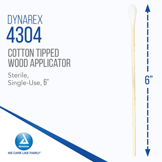 Dynarex Cotton Tipped Wood Applicators - Sterile 6" Length, 100ea/bx, 10bxs/cs (1000 Count)