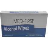 Box of Medi-First alcohol wipes on a white background