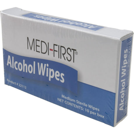 Box of Medi-First alcohol wipes on a white background