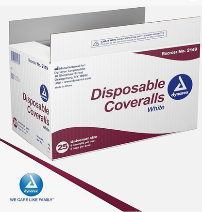 Dynarex Disposable Coveralls, Universal Size, White - 5ea/bx, 5bxs/case (25 Count)