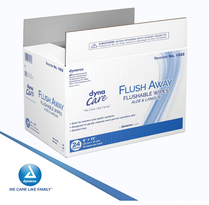 DynaCare Flushable Wipes - Adult, 9" x 13" Soft Pack, 24pks/case (576 Count)