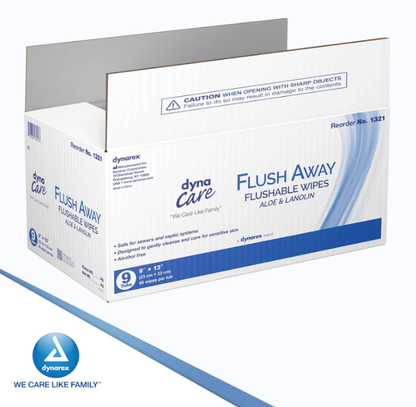 DynaCare Flushable Wipes - Adult, 9" x 13" Tub, 9tubs/case (540 Count)