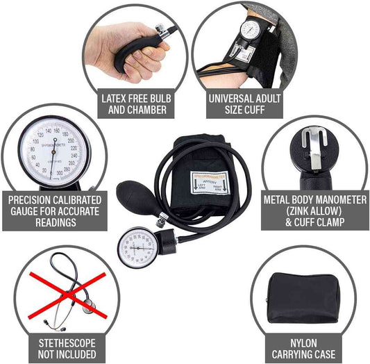 LINE2design Blood Pressure Cuff - School Safety Deluxe Aneroid Sphygmomanometer with Cuff and Carrying Case Trauma Kits Adult Large -Black