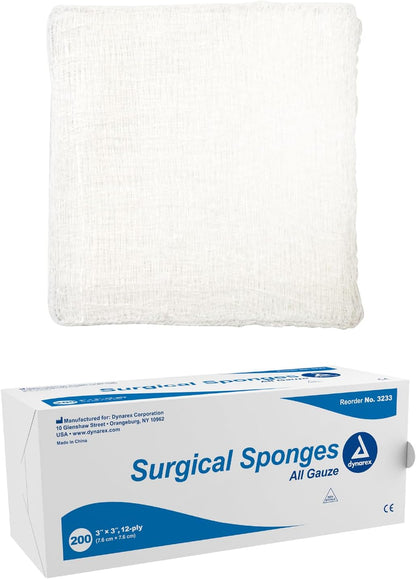 Dynarex Surgical Gauze Sponge, 3" x 3" 12 Ply 200ea/bx, 20bxs/cs (4000 Count)