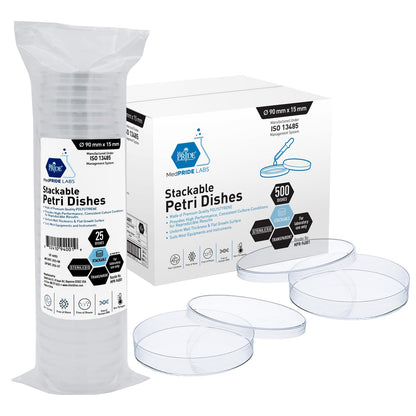 MedPride Stackable Petri Dishes with Lids, Sterile 90mmx15mm -  20 Pack of 25 (500 Count)