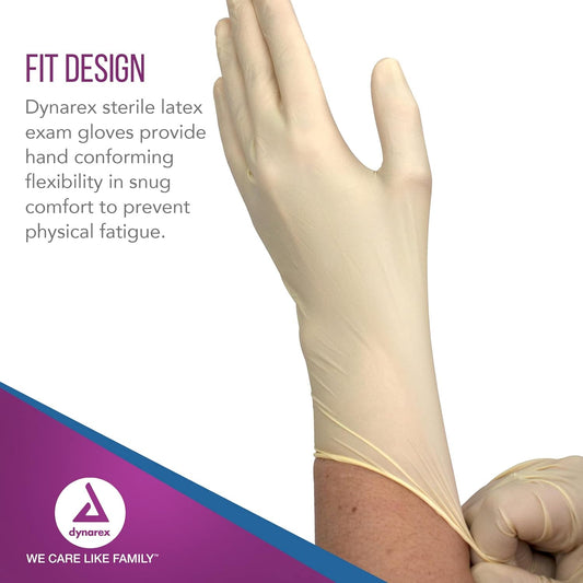 Dynarex Sterile Latex Exam Gloves, 3 Mil Thick, Powder-Free, 50prs/bx, 8bxs/cs (400 Count)