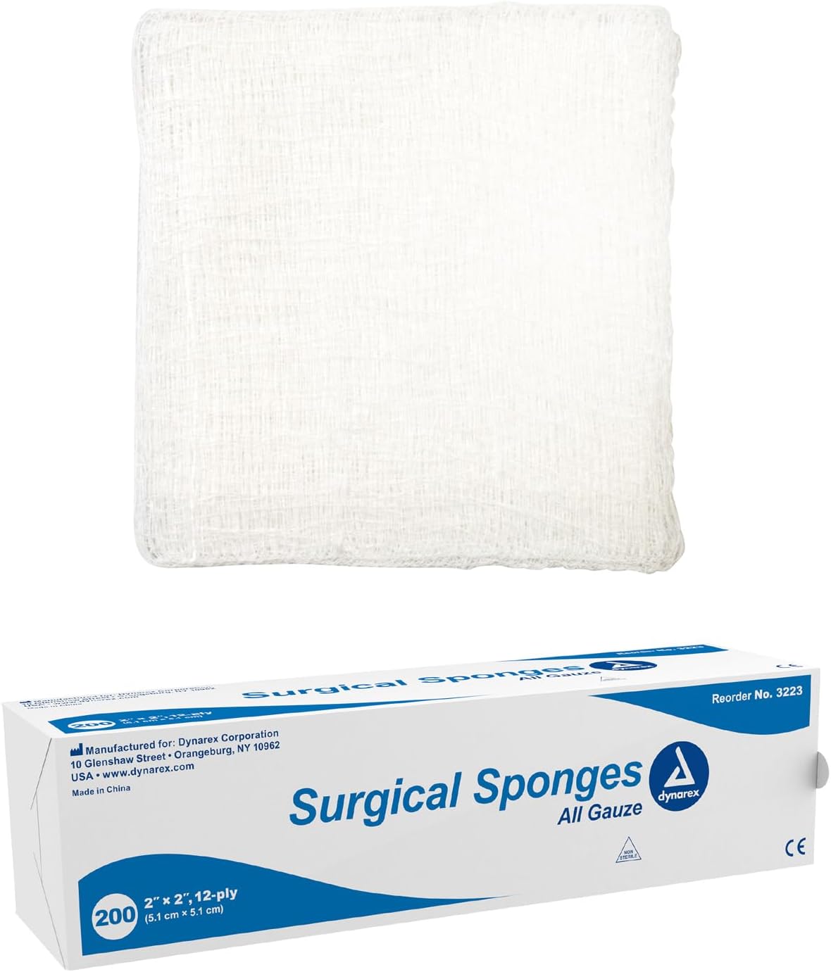 Dynarex Surgical Gauze Sponge, 2" x 2" 12 Ply, 200ea/bx, 40bxs/cs (8000 Count)