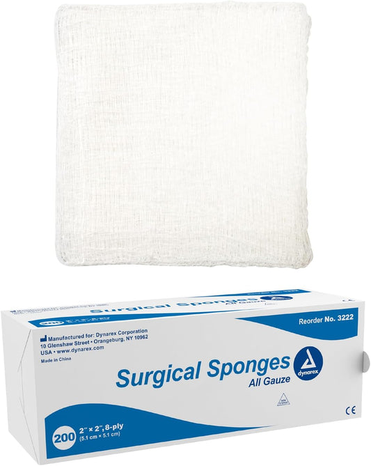 Dynarex Surgical Gauze Sponge, 2" x 2" 8 Ply, 200ea/bx, 25bxs/cs (5000 Count)