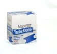 A box of Medique Blue, metal detectable bandages, designed for flexible knuckle use, with blue color packaging.