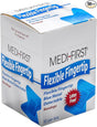 A box of Medique Blue, Metal Detectable Bandages, with a flexible fingertip design, in white and blue packaging.