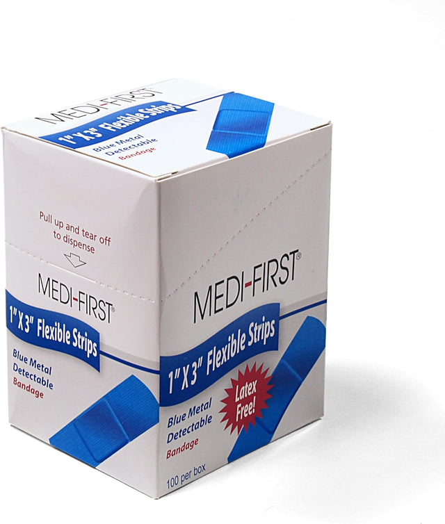 A box of Medique blue metal detectable bandages, each bandage is 1 inch by 3 inches, they are packaged in a white box with blue accents and text.