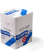 A box of Medique blue metal detectable bandages, each bandage is 1 inch by 3 inches, they are packaged in a white box with blue accents and text.