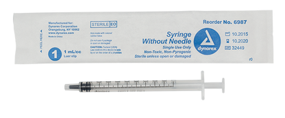 Dynarex Syringe without Needle - Non Toxic - Luer Slip, 1cc - 100ea/bx, 10bxs/cs (1000 Count)