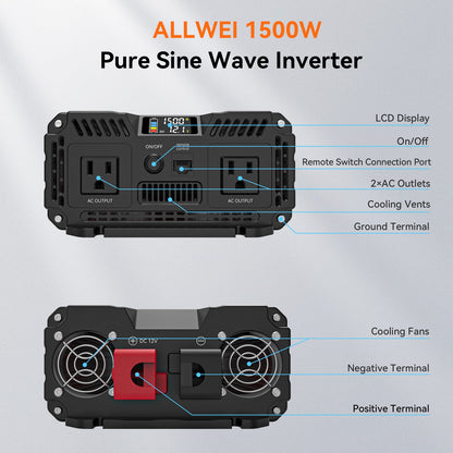 ALLWEI 1500W Pure Sine Wave Inverter 12V to 120V AC