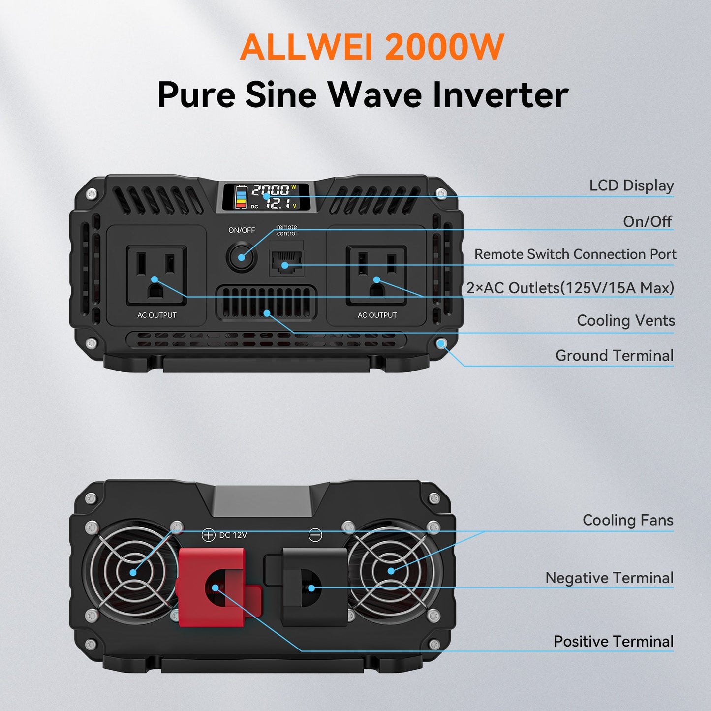 ALLWEI 2000W Pure Sine Wave Inverter - 12V DC to 120V AC Power Converter