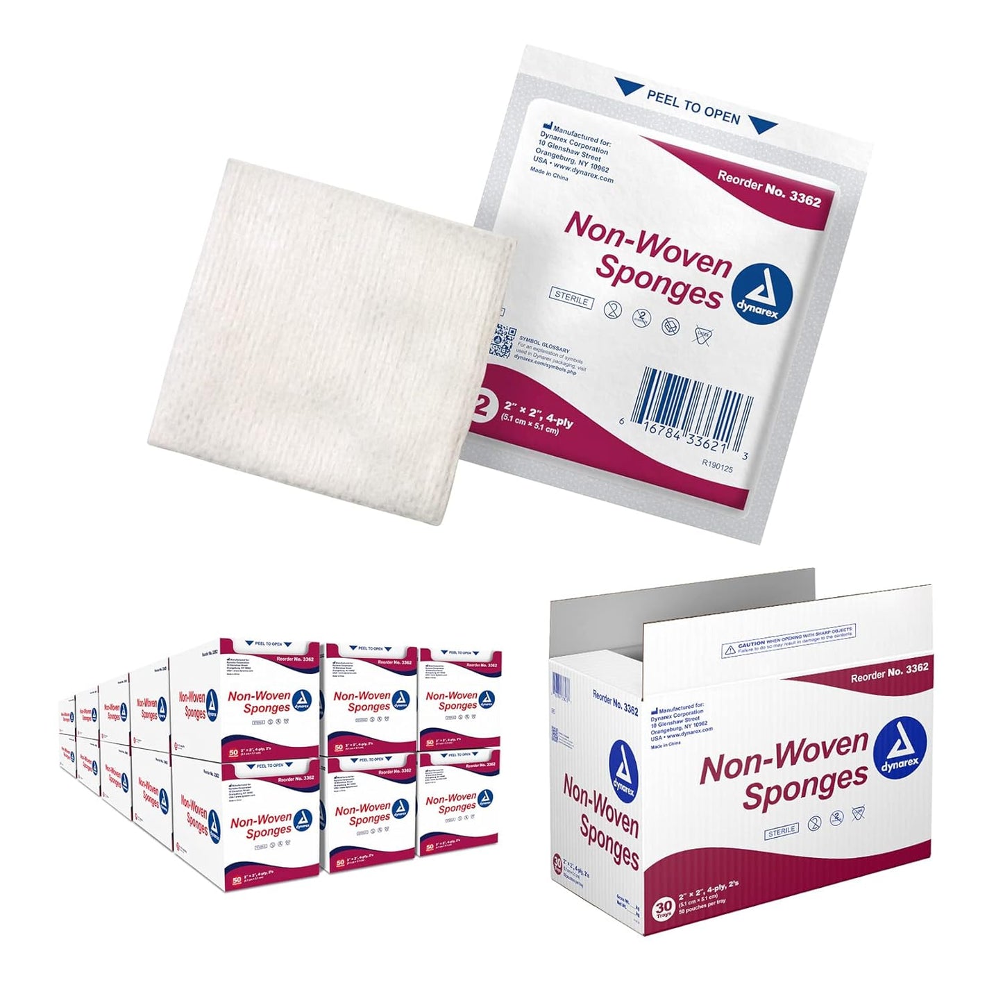 Dynarex Non-Woven Sponge - Sterile 2's, 2" x 2" 4 Ply - 50ea/bx, 30bxs/cs (1500 Count)