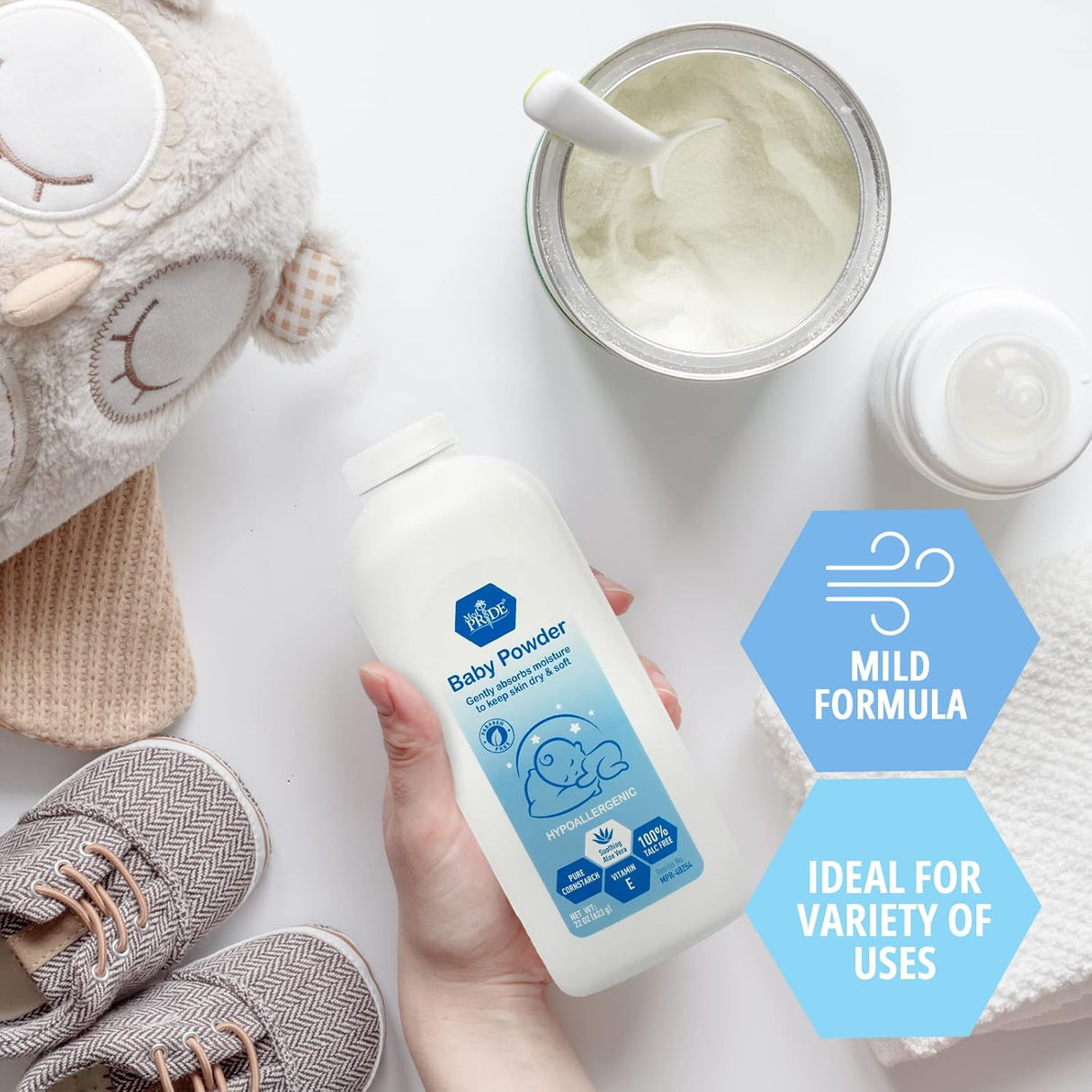 MEDPRIDE Hypoallergenic Talc Free Baby Powder with Seal, Cornstarch Powder with Aloe Vera and Vitamin E - White Bottle - 22 oz, 18/cs.
