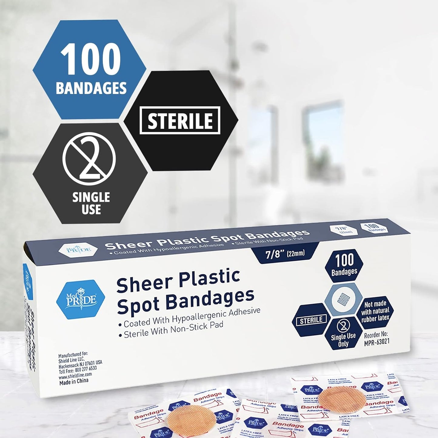MedPride Sheer Spot Adhesive Bandages - 7/8” Sterile Small Round Bandages with Non-Stick Pad - 100/Box, Case of 48 (4800)