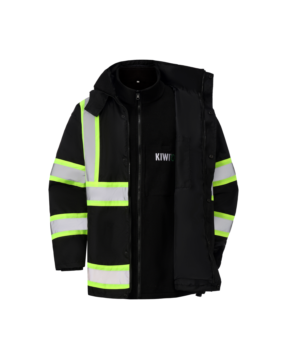 Kiwi High Visibility 3-in-1 Hooded & Fleece Lined ANSI/ISEA 107-2020 Reflector Contrast Trimmed Water Resistant Black Safety Jacket [R71600]