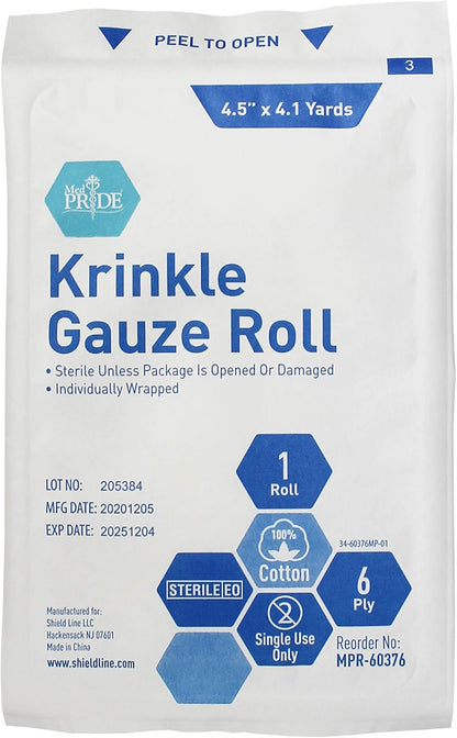 MedPride Krinkle Gauze Roll, Cotton Wound Dressing Sterile Wraps – 6-Ply, 4.5''x4.1 Yds. Case of 100