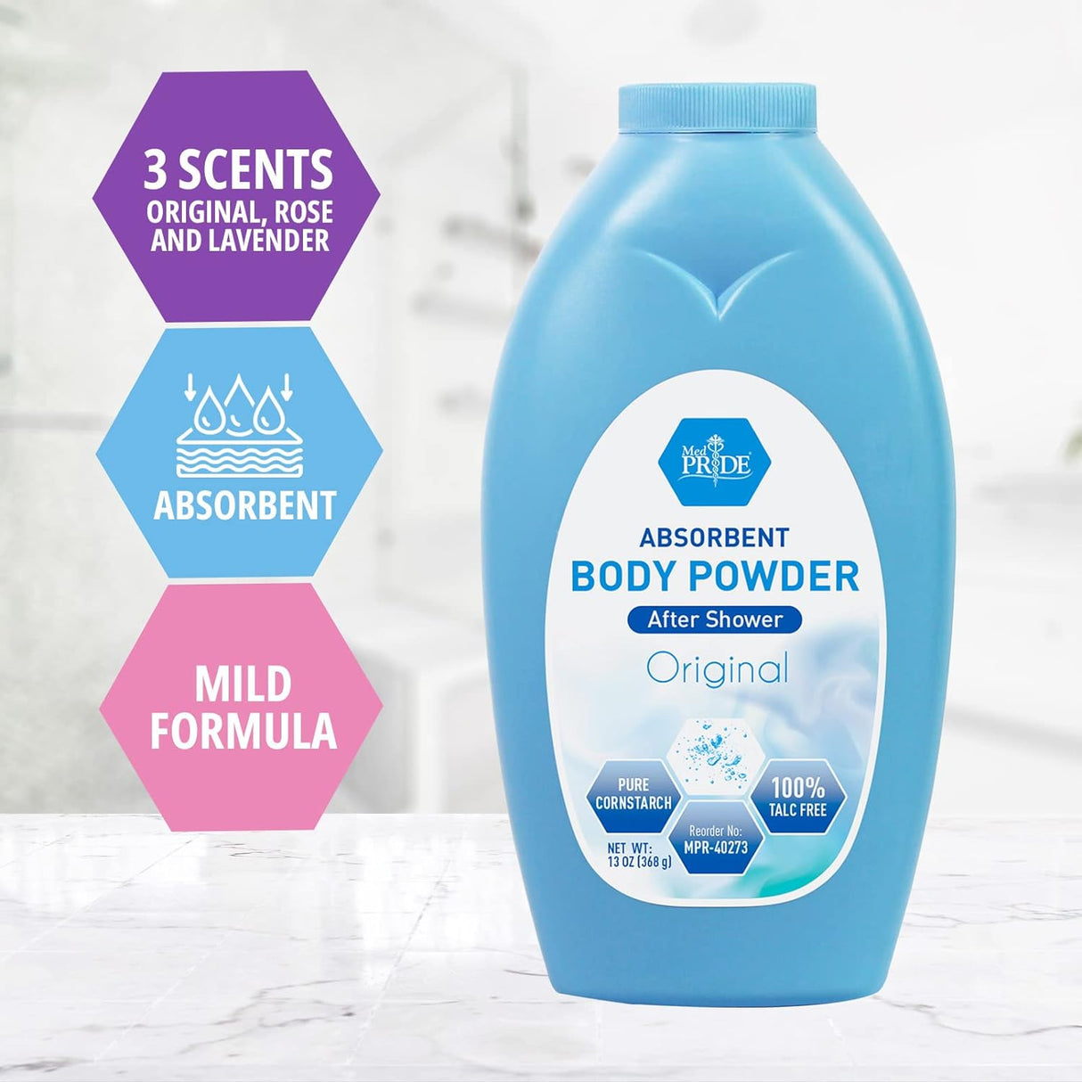 MedPride Premium 100% Talc Free Baby Powder w/seal - Blue Bottle - 13 oz, 24/cs.