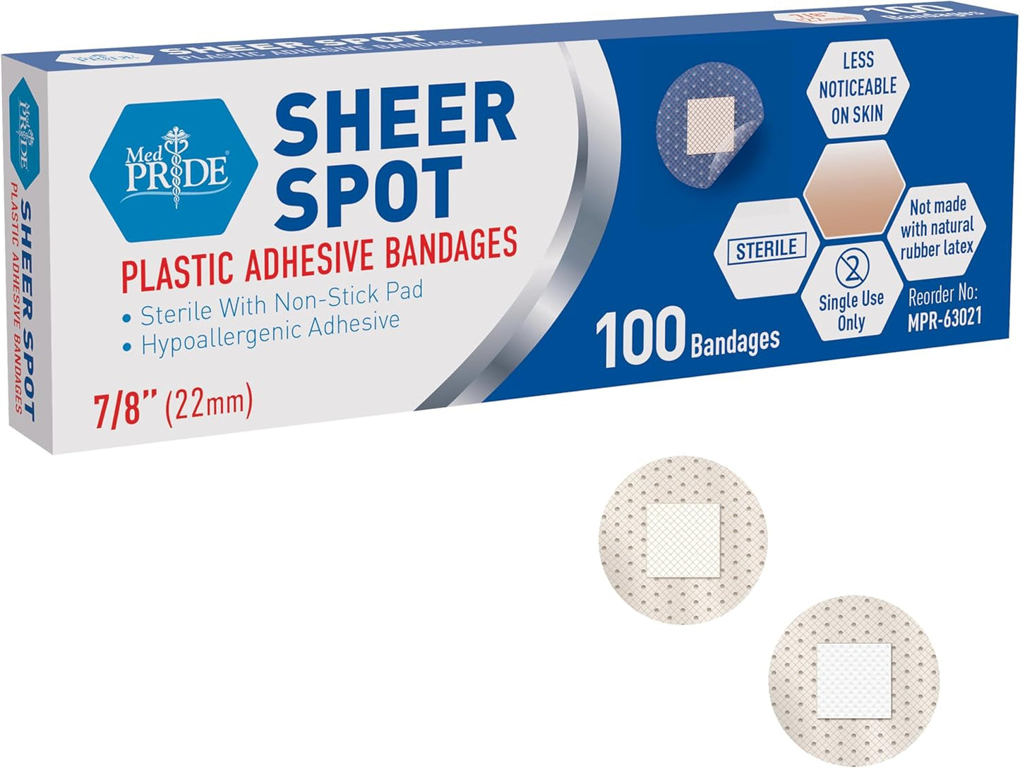 MedPride Sheer Spot Adhesive Bandages - 7/8” Sterile Small Round Bandages with Non-Stick Pad - 100/Box, Case of 48 (4800)